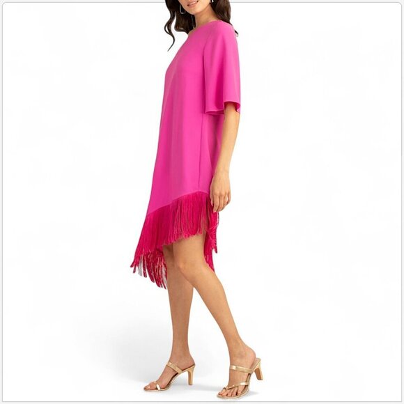 Trina Turk Bright Pink Gull Asymmetric One Shoulder Fringed Hem Dress NWT New M - Picture 2 of 6
